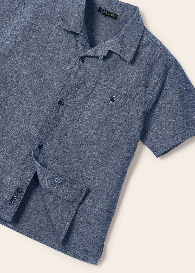 Camicia bavero manica corta lino bambino Mayoral azzurro scuro - ErreGiModaBimbo