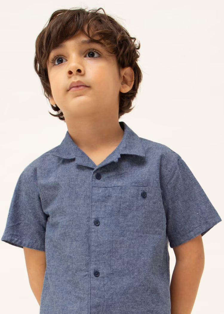 Camicia bavero manica corta lino bambino Mayoral azzurro scuro - ErreGiModaBimbo