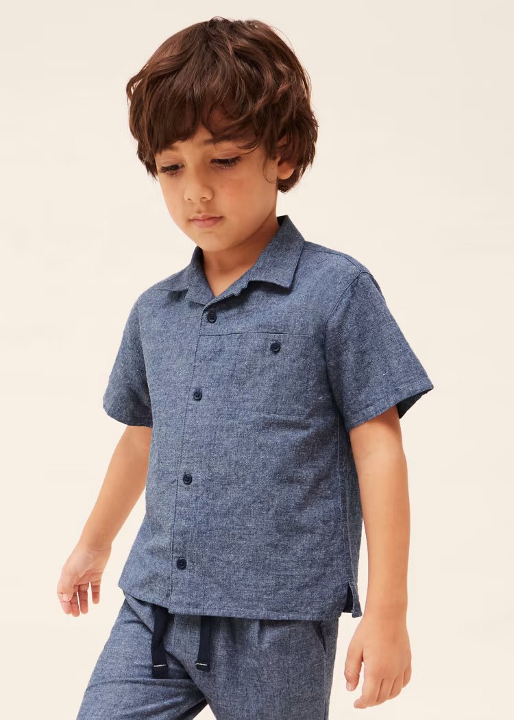Camicia bavero manica corta lino bambino Mayoral azzurro scuro - ErreGiModaBimbo